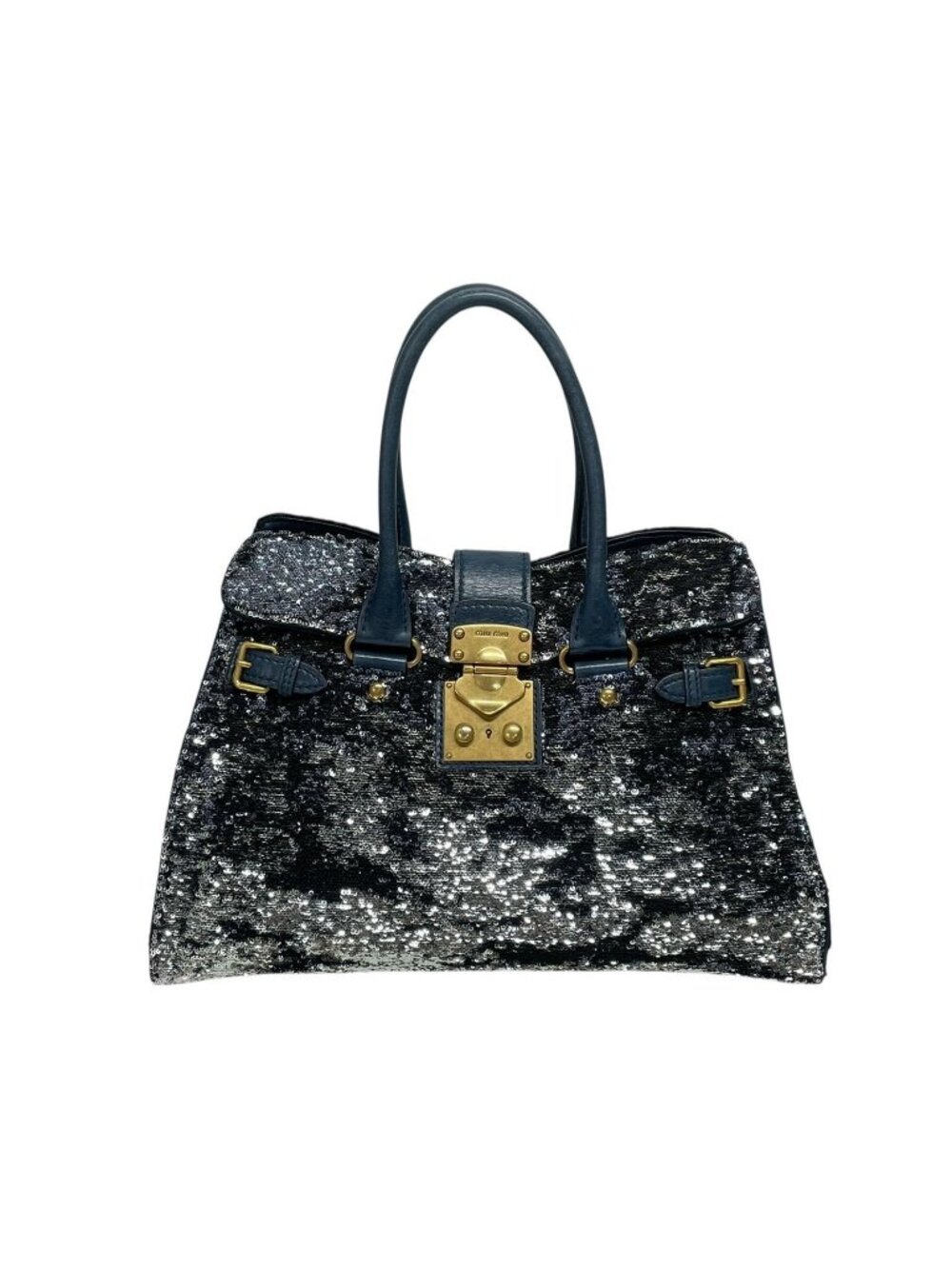 Miu Miu Tote Bag Sequins Leather Blue Navy Silver Gold